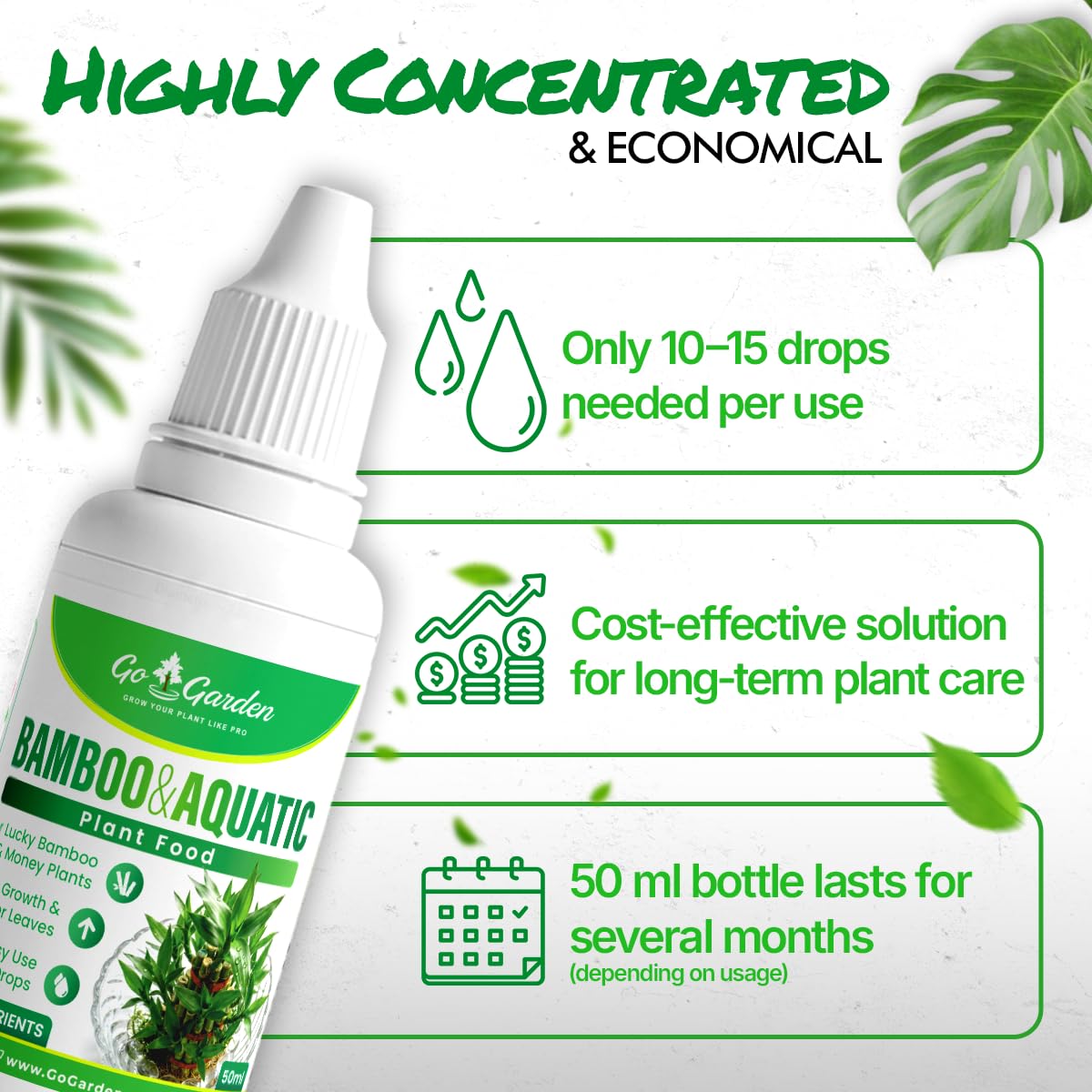 Bamboo & Aquatic Plant Food Liquid | Nutrients for Lucky Bamboo, Money Plant & Water Plants | Faster Growth & Greener Leaves | Easy Drop Application | 50 ml x1