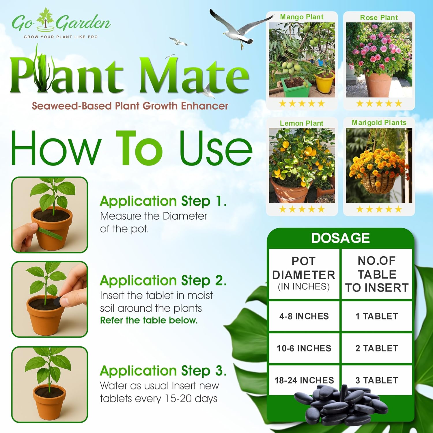 Go Garden PlantMate 50 Seaweed Growth Tablets | Organic Plant Fertilizer Tabs for Faster Growth, Flowering & Soil Health | Easy-to-Use | For All Plants