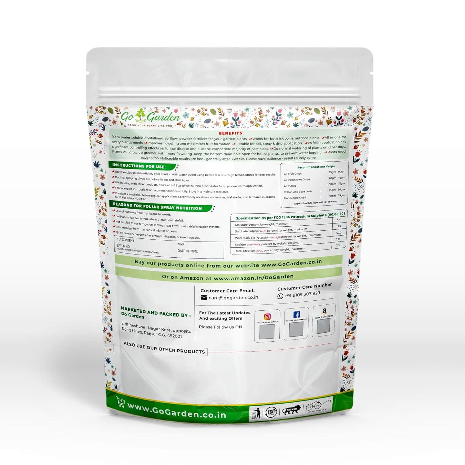 Potassium Sulphate NPK 00:00:50 Fertilizer Powder Water Soluble, Suitable For All Types of Plants