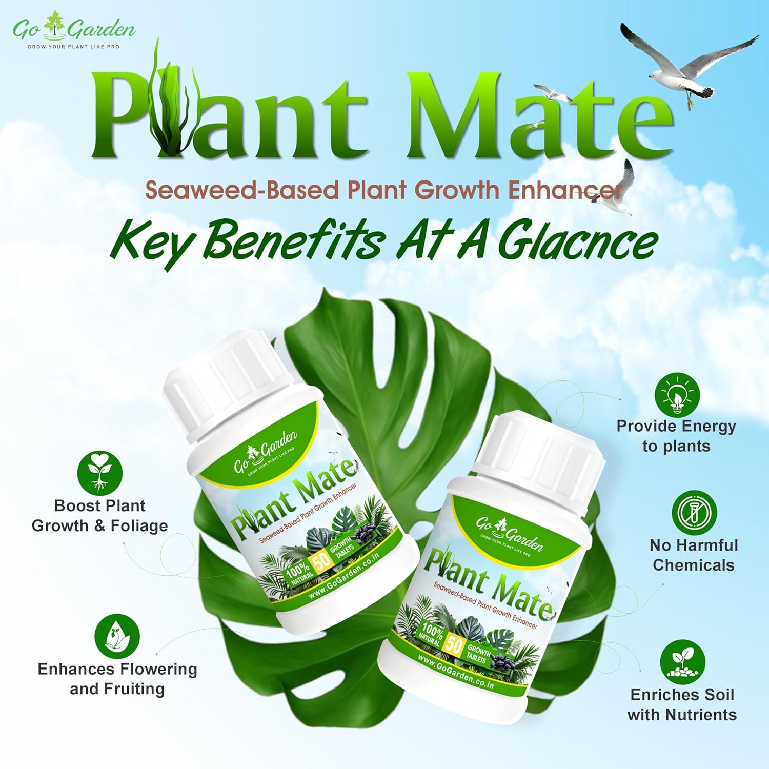 Go Garden PlantMate 50 Seaweed Growth Tablets | Organic Plant Fertilizer Tabs for Faster Growth, Flowering & Soil Health | Easy-to-Use | For All Plants