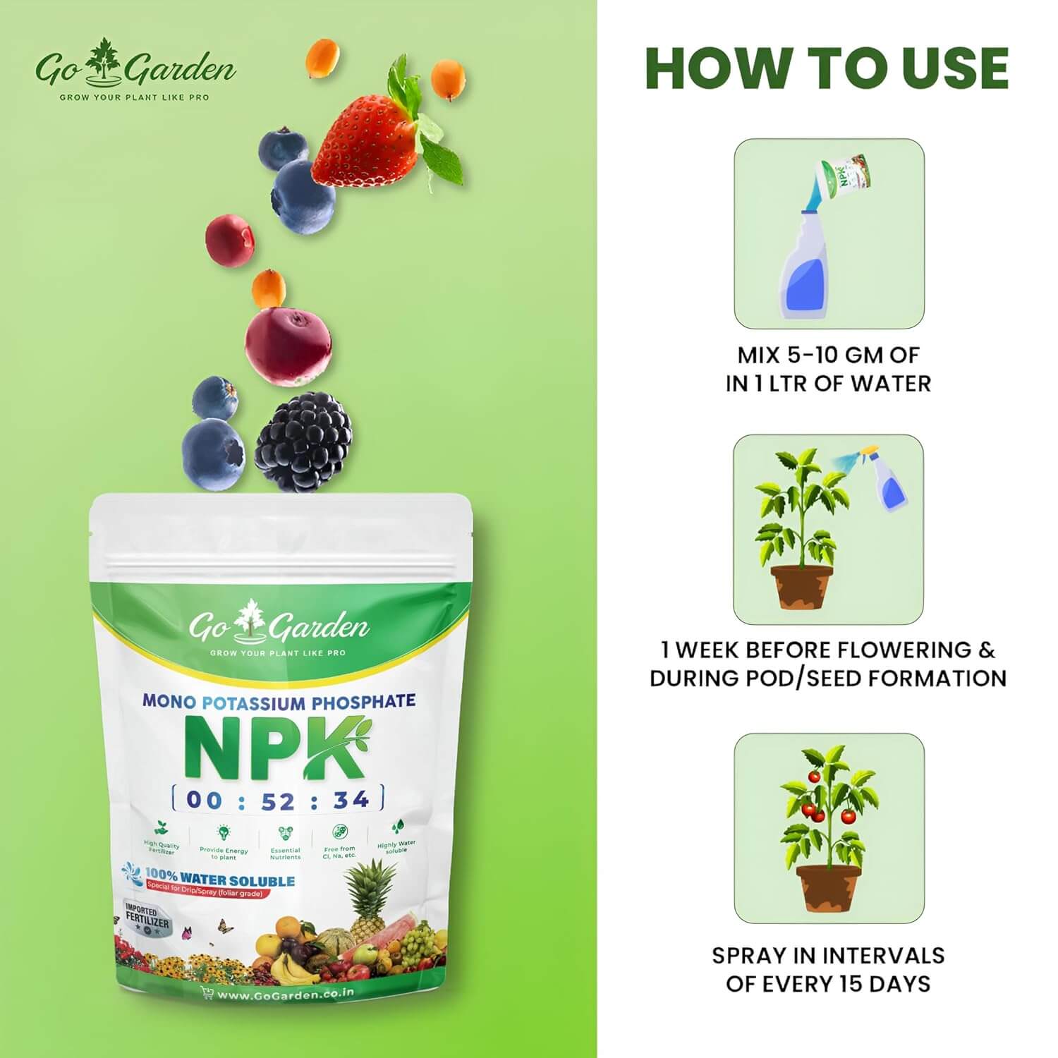 MKP (Mono Potassium Phosphate) NPK 00 : 52 : 34 Fertilizers for Plants, Garden & All Crops | Water Soluble Foliar Spray Nutrition